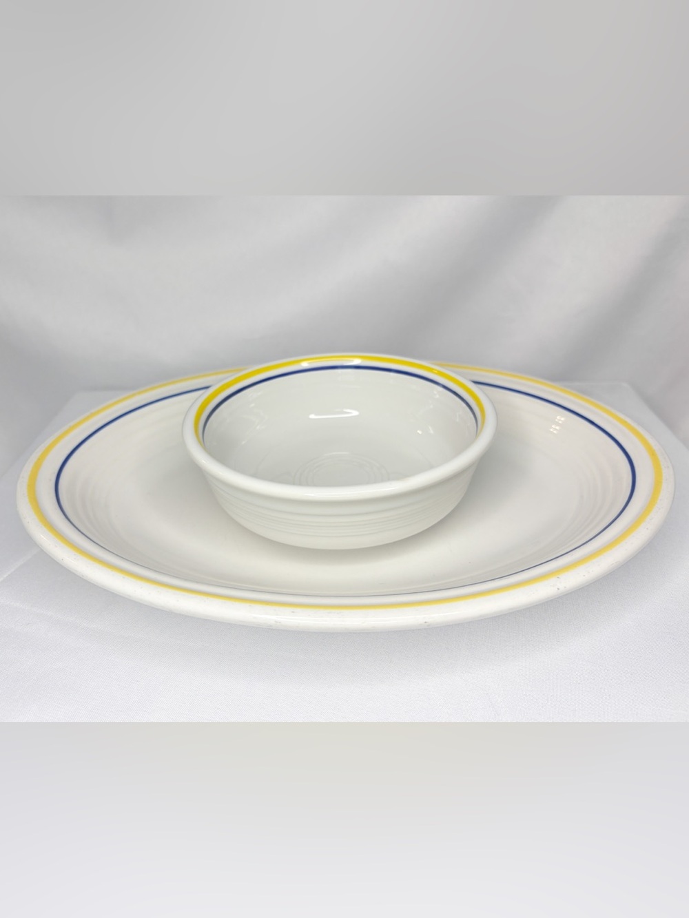 Fiestaware White with Blue and Yellow Rim Plate and Bowl Set